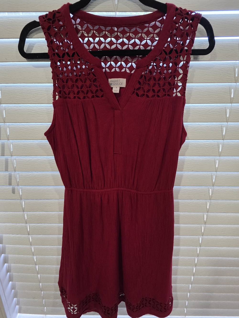 Market & Spruce Burgundy Crochet-Yoke Mini Dress